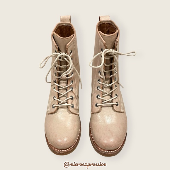 $399 Frye Veronica Combat Tan Cream Distressed Leather Lace Up Vintage Moto Boot - Picture 11 of 16